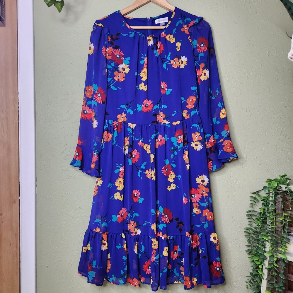 Calvin Klein Floral Ruffle Sheer Lined Dress Size 6 Spring Flouncy Garden Party